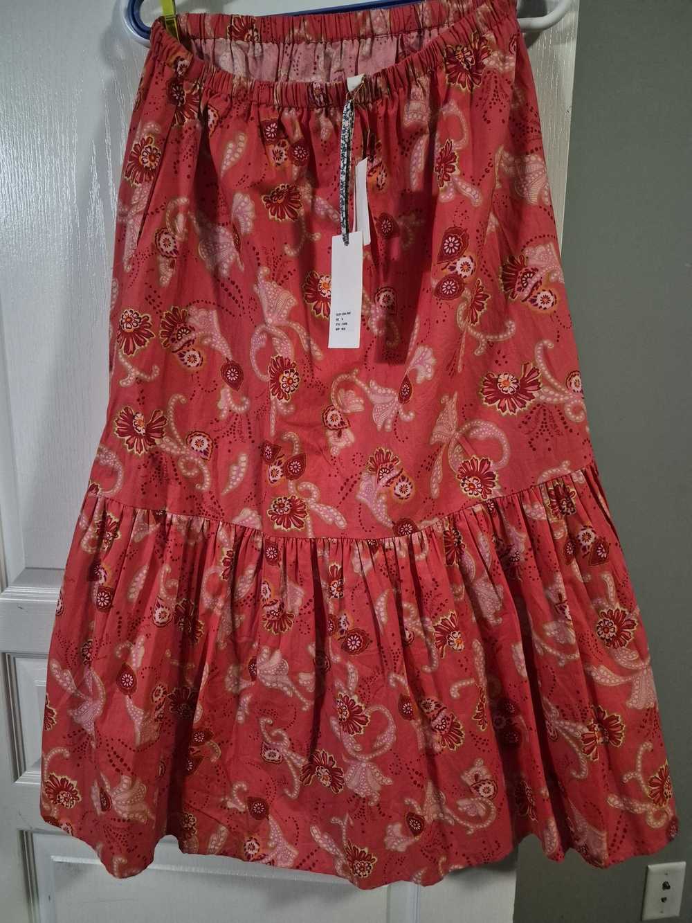 Red Floral Tiered A-Line Skirt with Elastic Waist